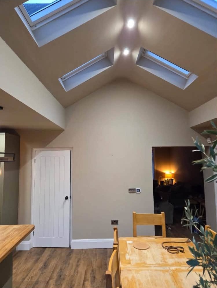 Vaulted extension with skylights painted in a soft neutral